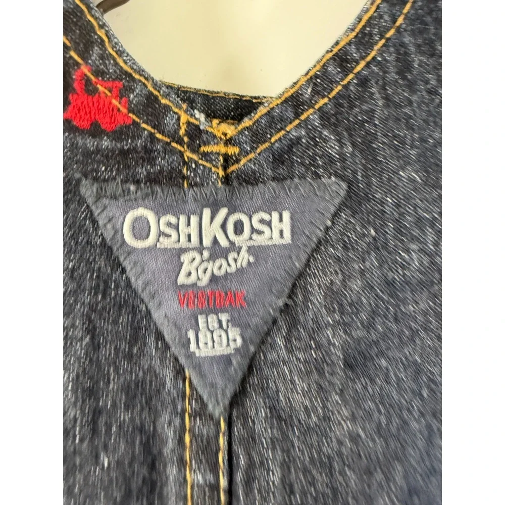 OshKosh‎ B'gosh Kids Denim Vestbak Overalls Red Train Embroidered 18 mos